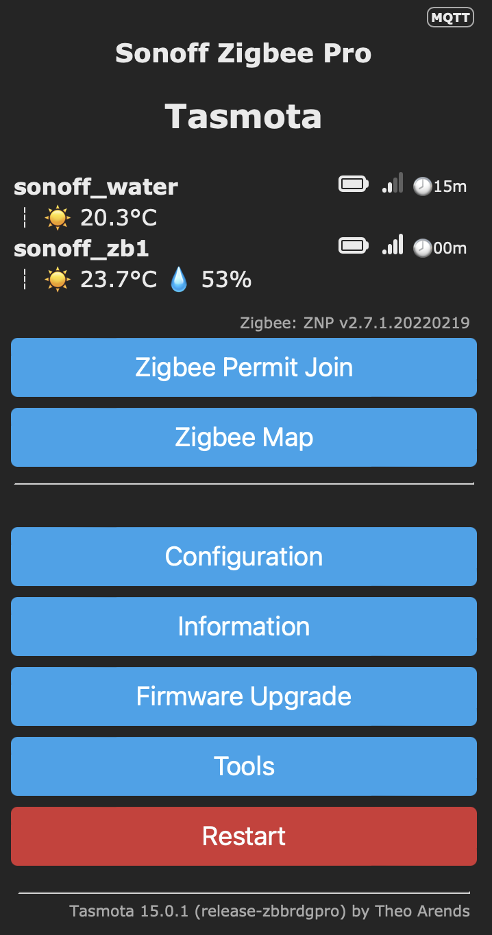 Main page showing 2 sensors connected