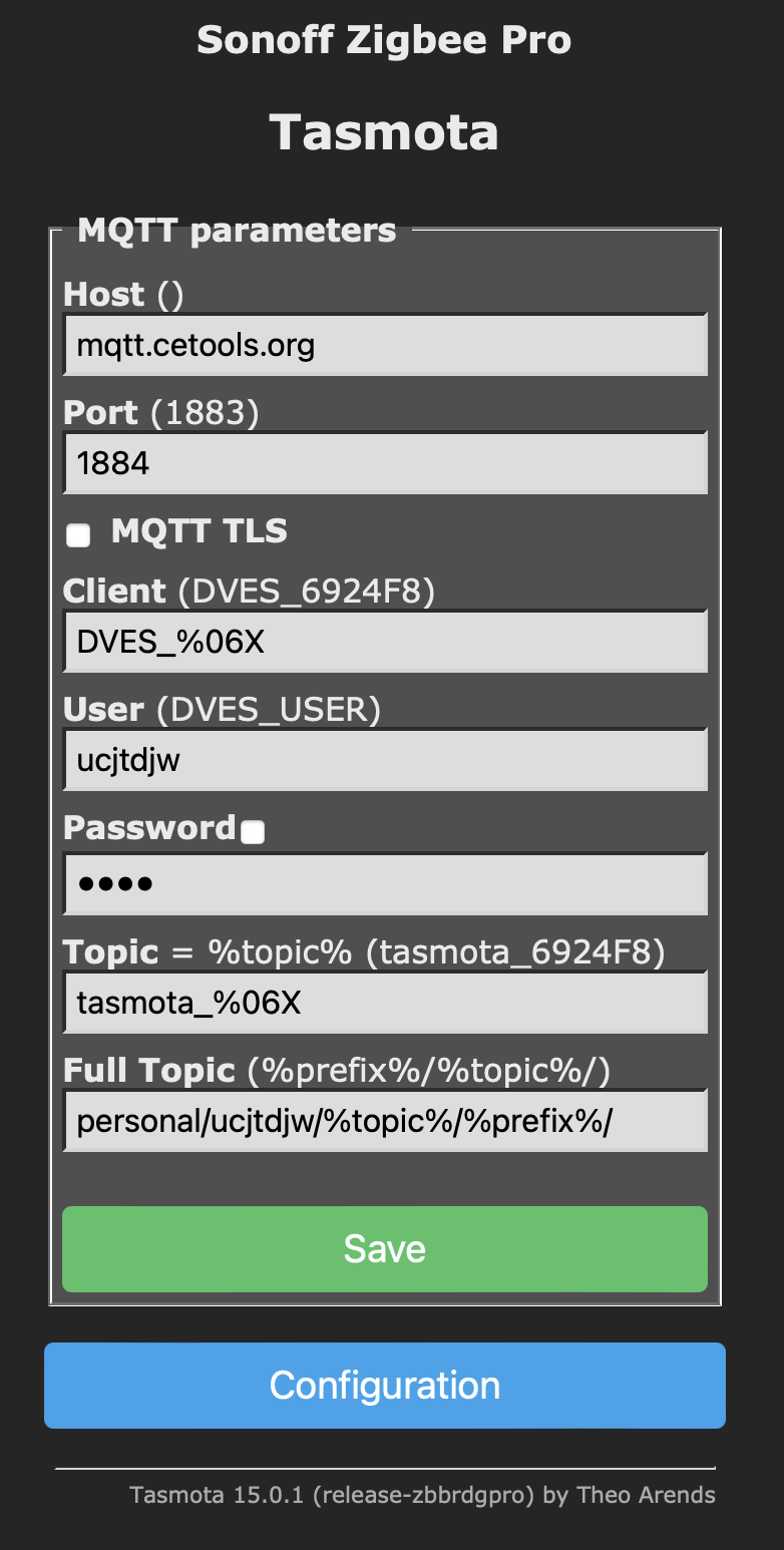 Screenshot of MQTT settings used