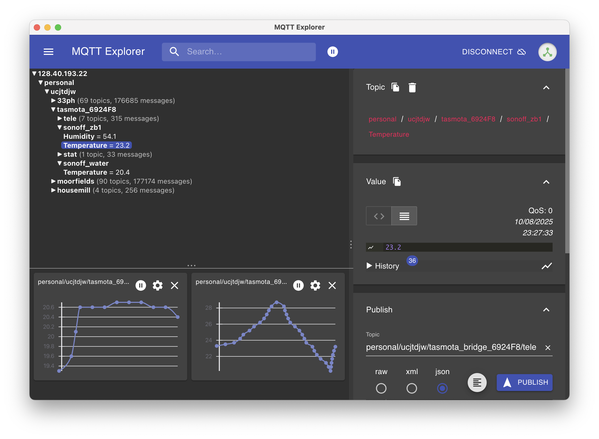 MQTT Explorer showing topics and values